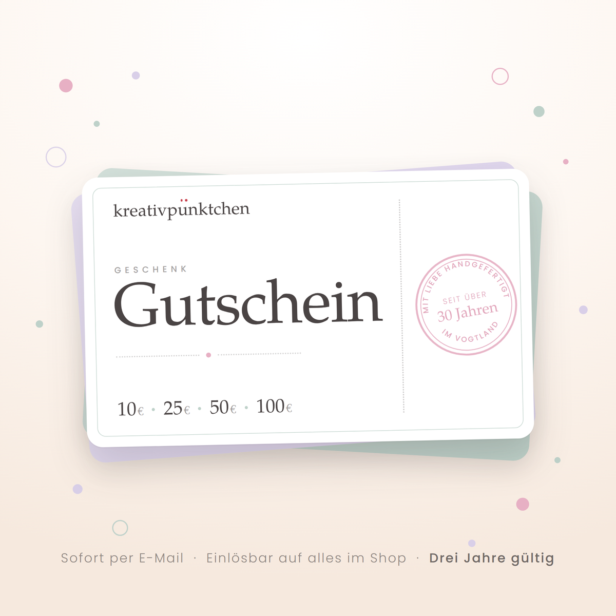 Geschenkgutschein von KreativPünktchen über 10, 25, 50 oder 100 Euro – sofort per E-Mail, drei Jahre gültig