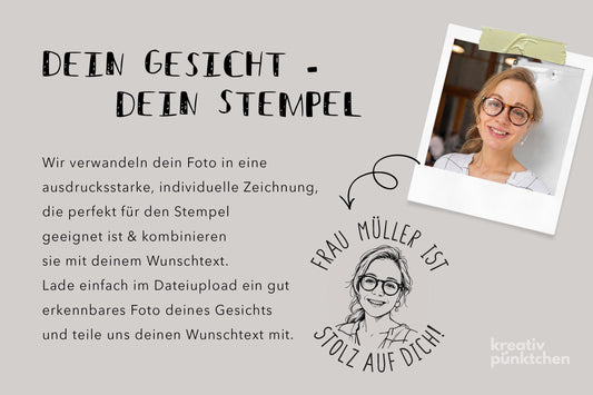 Personalisierter Lehrerstempel mit Gesicht – Individueller Fotostempel | Holzstempel oder Selbstfärber | Eigenes Motiv & Wunschtext HS198
