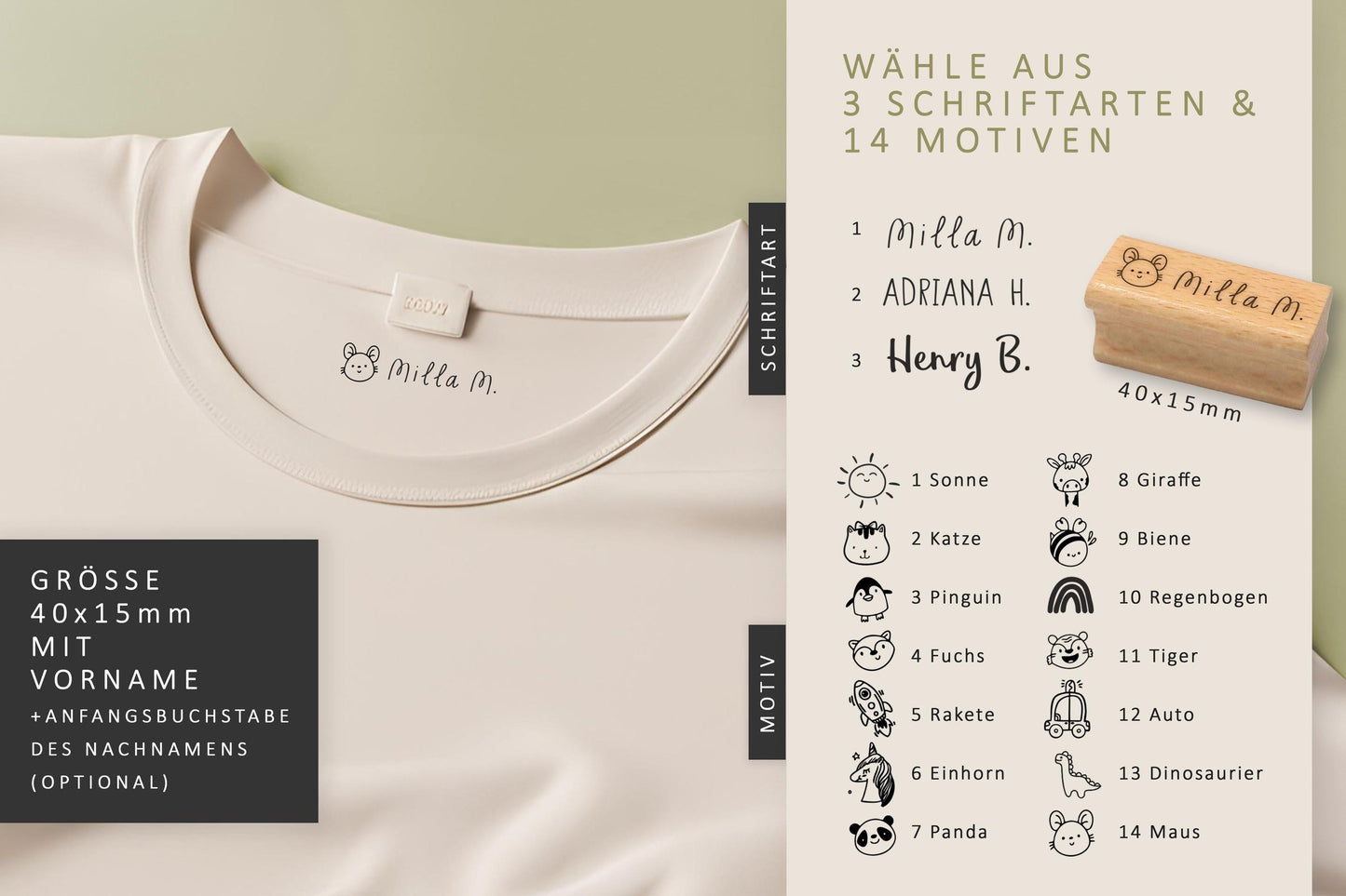 Namensstempel Kleidung, Textilstempel Kinder, Kindergarten Namensstempel, personalisierter Stempel Kinder, T-Shirt Stempel HS002