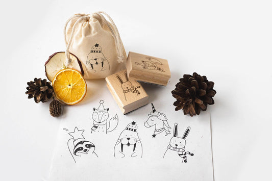 Stempel Winterfreunde B, Stempel Tiere Winter, Stempel Weihnachten Tiere, Stempel Faultier Hase Walross Fuchs Einhorn,  Stempel Kinder HS016