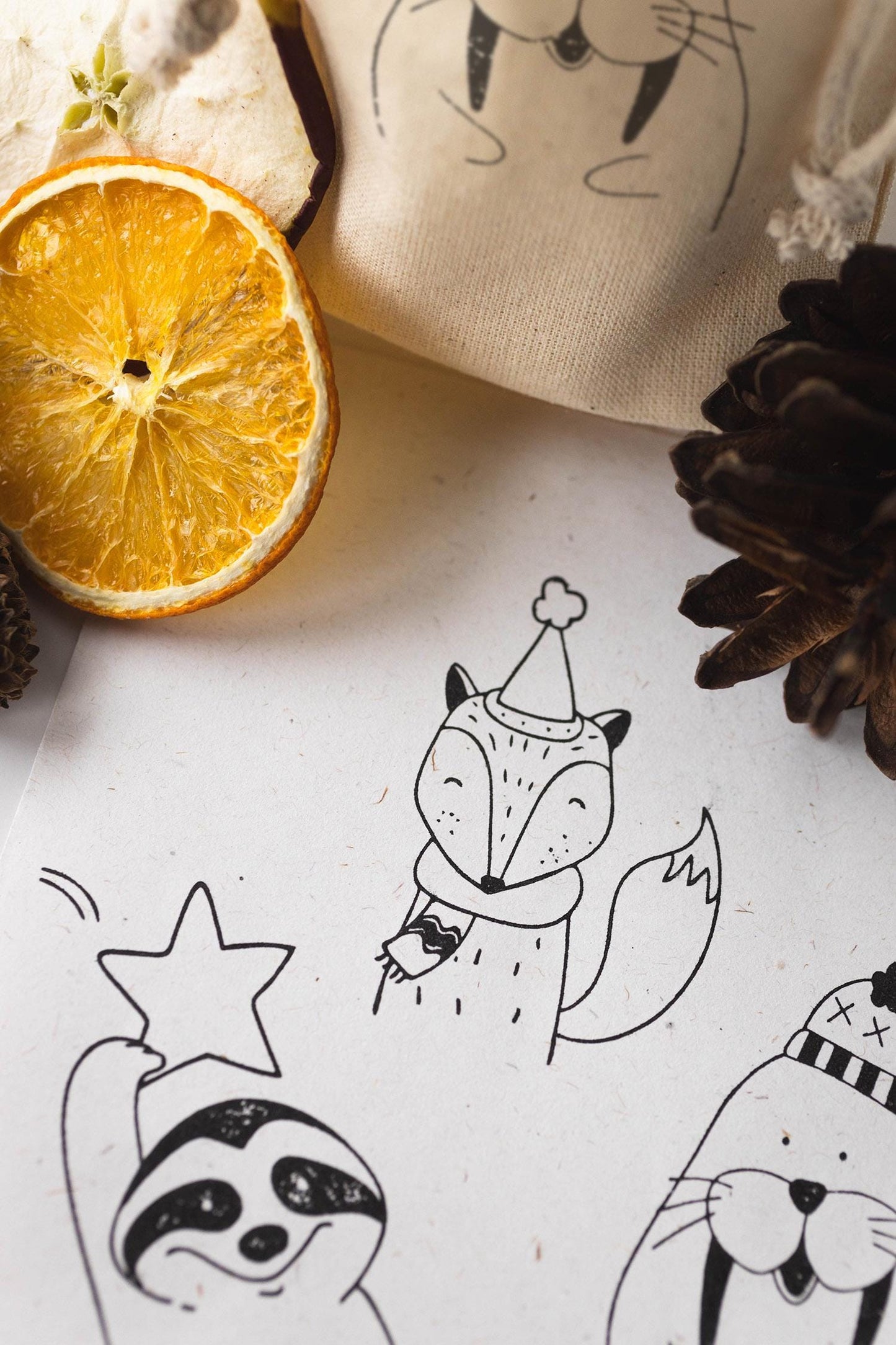Stempel Winterfreunde B, Stempel Tiere Winter, Stempel Weihnachten Tiere, Stempel Faultier Hase Walross Fuchs Einhorn,  Stempel Kinder HS016