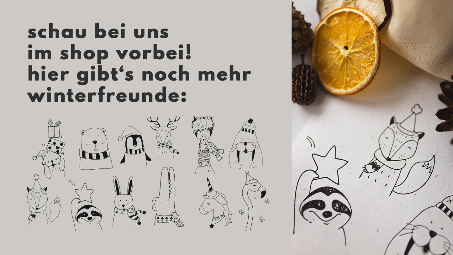 Stempel Winterfreunde B, Stempel Tiere Winter, Stempel Weihnachten Tiere, Stempel Faultier Hase Walross Fuchs Einhorn,  Stempel Kinder HS016