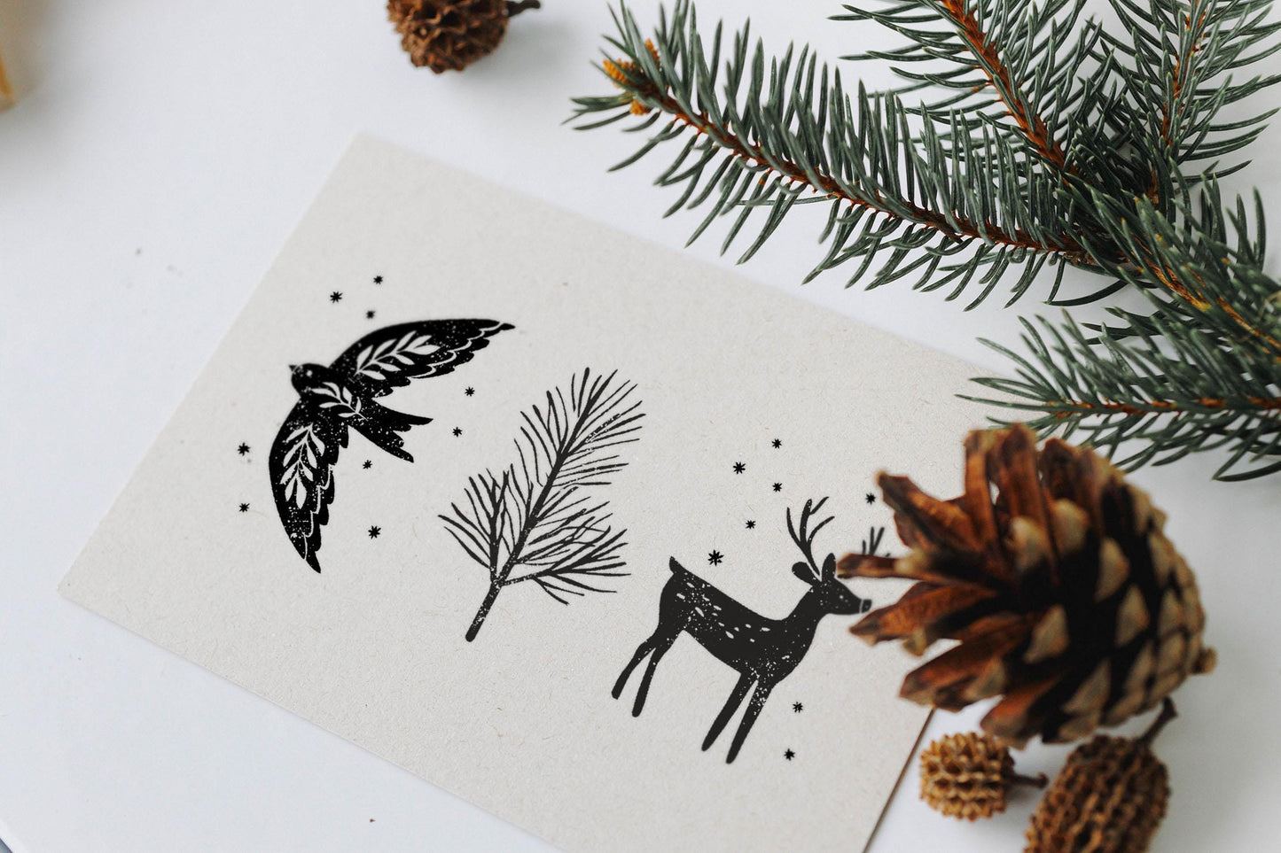 Stempel Winter groß, Stempel Taube Rentier Hirsch Tannenzweig, Stempel Scandi Motive, Stempel Wintermotive, Stempel Weihnachten HS014