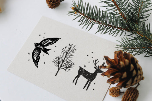 Stempel Winter groß, Stempel Taube Rentier Hirsch Tannenzweig, Stempel Scandi Motive, Stempel Wintermotive, Stempel Weihnachten HS014