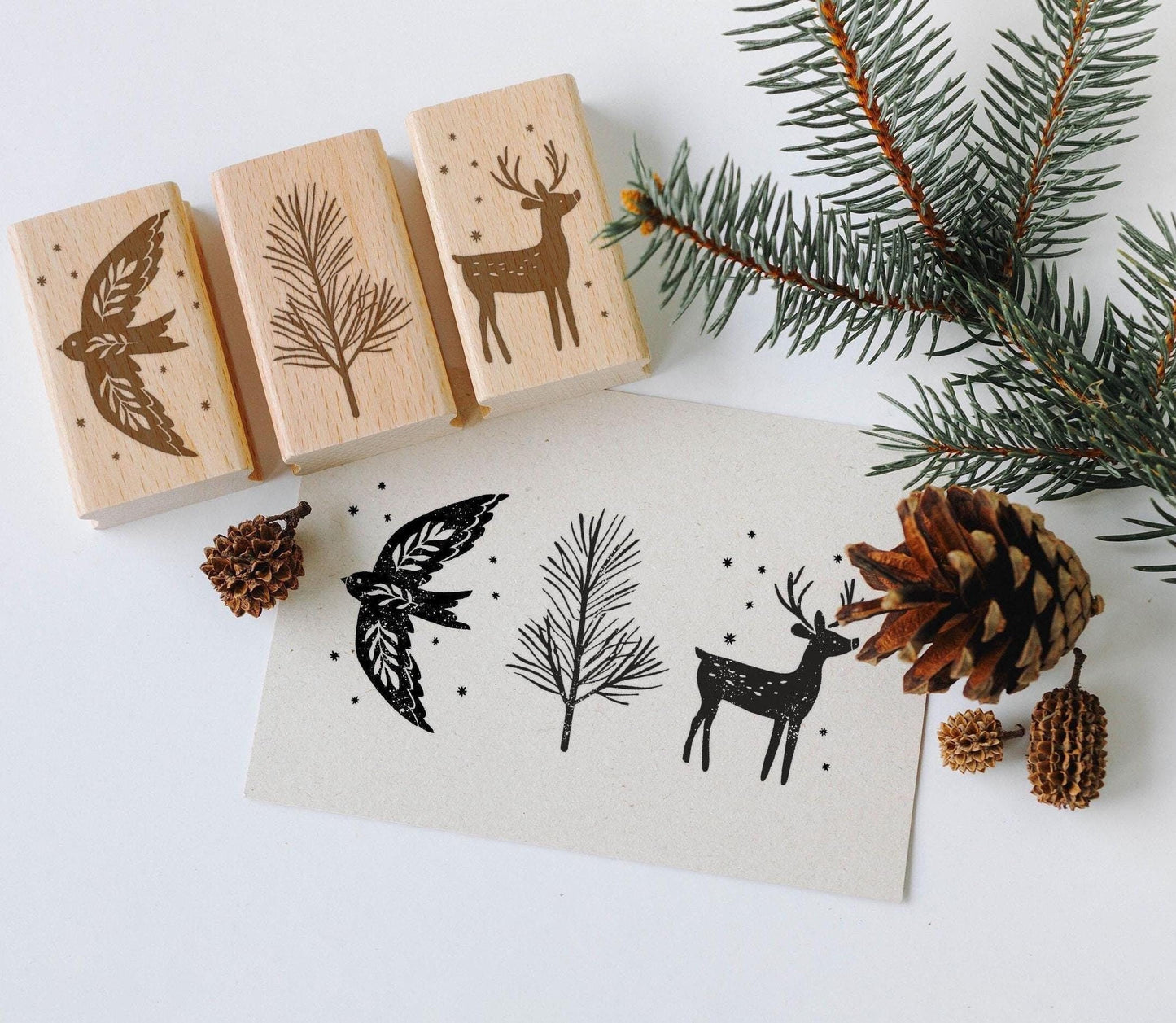 Stempel Winter groß, Stempel Taube Rentier Hirsch Tannenzweig, Stempel Scandi Motive, Stempel Wintermotive, Stempel Weihnachten HS014