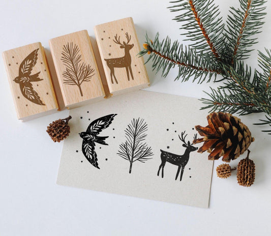 Stempel Winter groß, Stempel Taube Rentier Hirsch Tannenzweig, Stempel Scandi Motive, Stempel Wintermotive, Stempel Weihnachten HS014