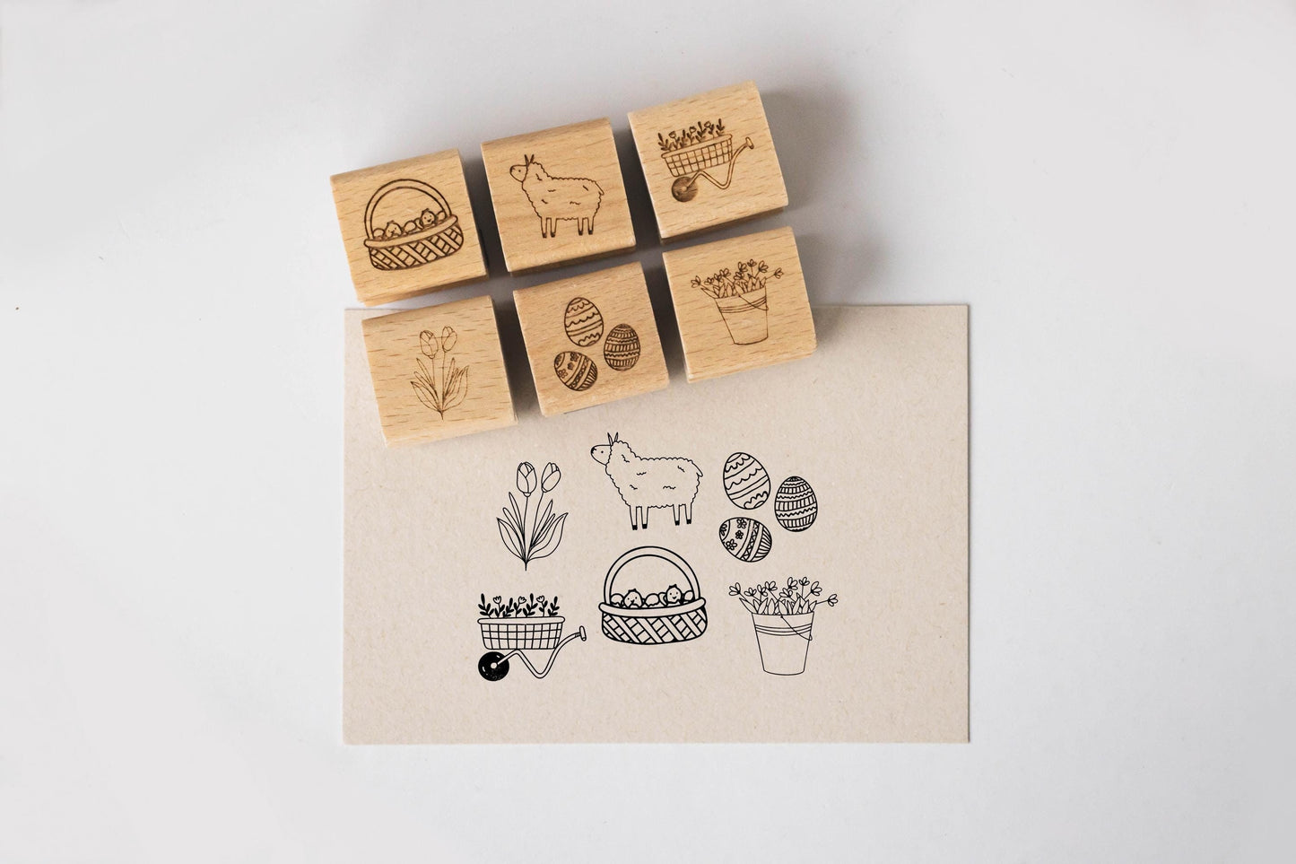 Stempelset 6er Ostern D Ostereier, Schubkarre, Blumen, Schaf Ostern Stempel, Frühling Stempel, Frühjahr, Naturmotive Stempel HS073