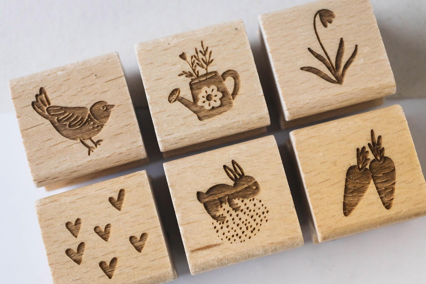 Stempelset 6er Ostern A Hase Vogel Möhre Gießkanne Tulpe Herzen, Oster Stempel, Frühling Stempel, Frühjahr, Naturmotive Stempel HS070