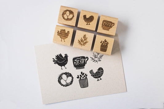 Stempelset 6er Ostern B Huhn Vogel Pflanze Tasse Eier Zweig, Ostern Stempel, Frühling Stempel, Frühjahr, Naturmotive Stempel HS071