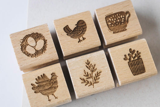Stempelset 6er Ostern B Huhn Vogel Pflanze Tasse Eier Zweig, Ostern Stempel, Frühling Stempel, Frühjahr, Naturmotive Stempel HS071