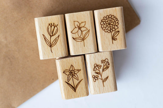 Blumen 5er Stempelset 2 Kleine Blumen Frühling Boho Klein Mini Blümchen Blüten Zweige Blätter DIY Basteln Geschenke Motiv Stempel Set HS111