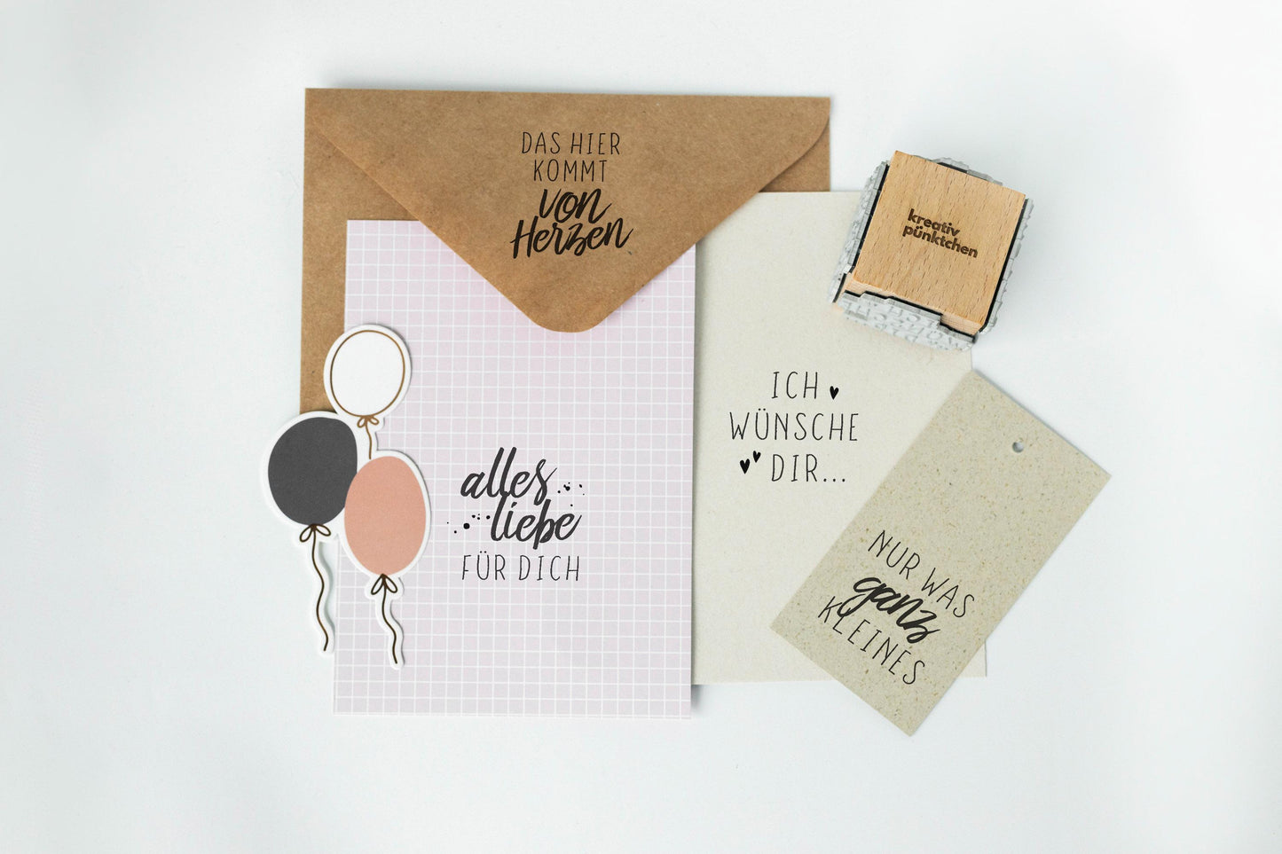 Geburtstags-Stempelset Holz 4 Motive – Alles Liebe, Von Herzen, Nur was ganz kleines, Ich wünsche dir – DIY Karten & Geschenkpapier HS122