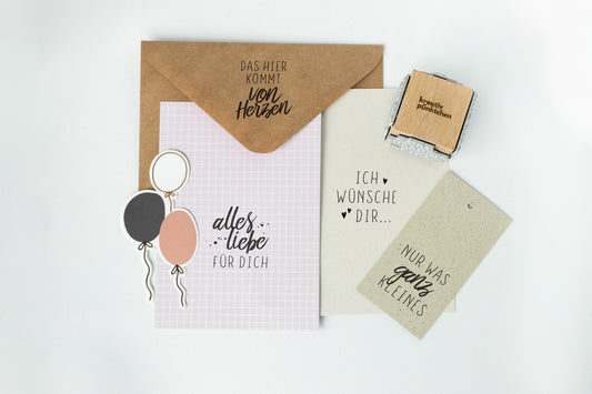 Geburtstags-Stempelset Holz 4 Motive – Alles Liebe, Von Herzen, Nur was ganz kleines, Ich wünsche dir – DIY Karten & Geschenkpapier HS122