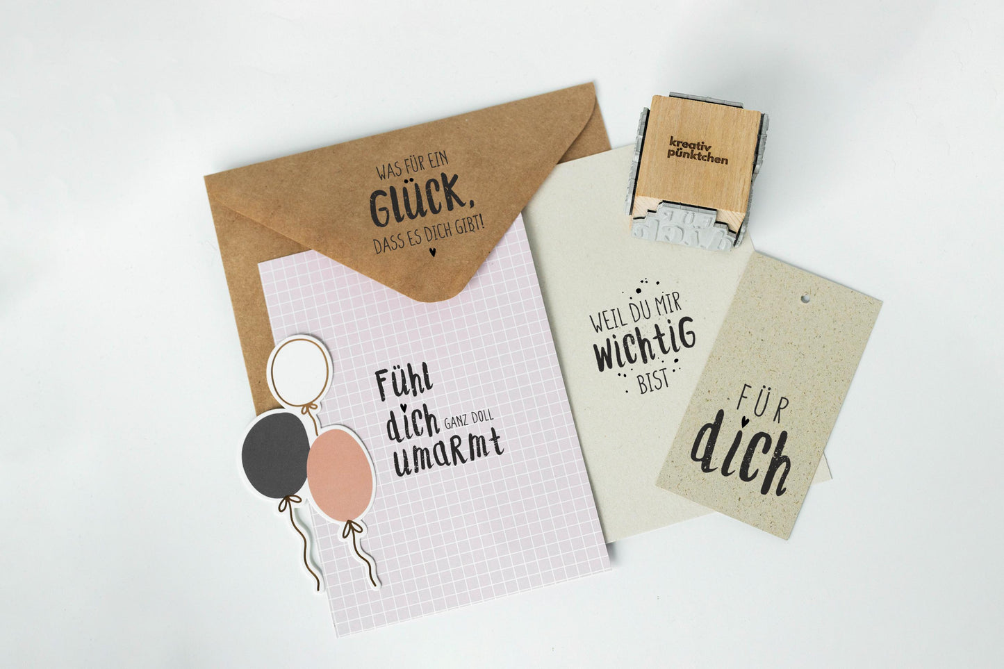 Geburtstags-Stempelset Holz 4 Motive – Für dich, Weil du mir wichtig bist, Umarmung, alles Liebe, Geschenk DIY Karten & Geschenkpapier HS128
