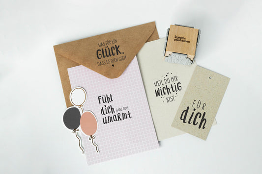 Geburtstags-Stempelset Holz 4 Motive – Für dich, Weil du mir wichtig bist, Umarmung, alles Liebe, Geschenk DIY Karten & Geschenkpapier HS128