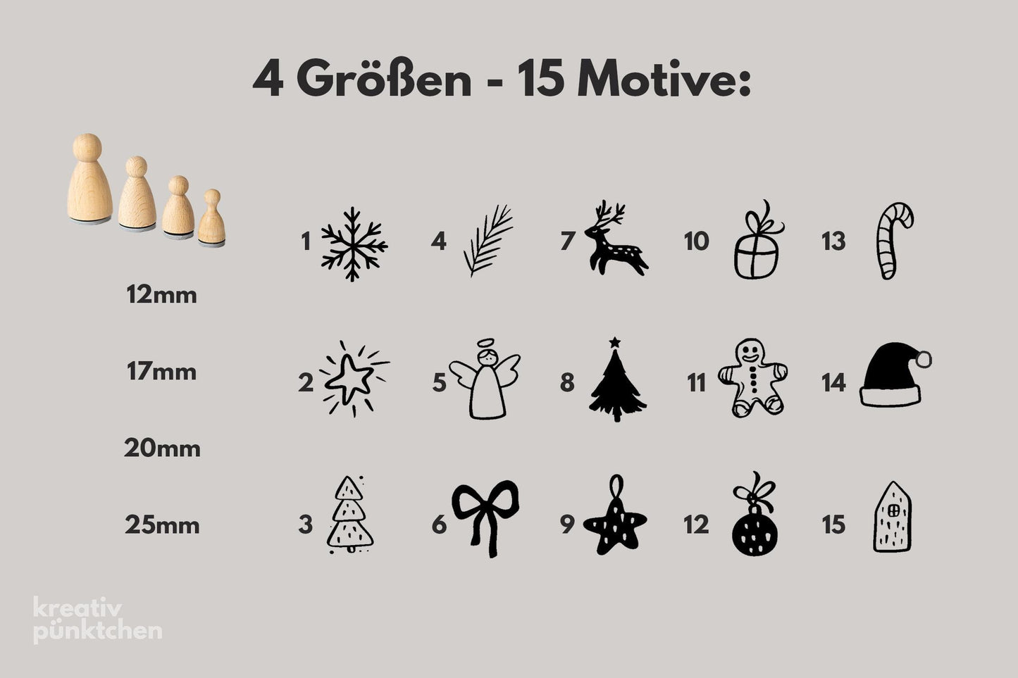 Mini Holzstempel Weihnachten – 15 Motive, 4 Größen - Bastelstempel Karten Tannenbaum Rentier Stern Geschenk Winter DIY Kinder Basteln  HS149