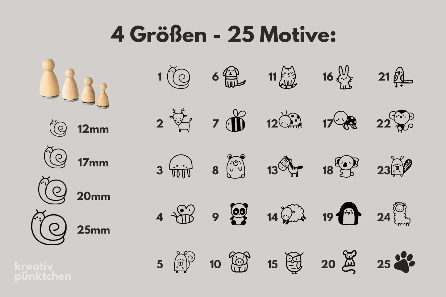 Mini Holzstempel Tiere – 25 Motive, 4 Größen - Bastelstempel für Karten, Scrapbooking, Bullet Journal, DIY, Kinder Basteln Tiermotive HS148