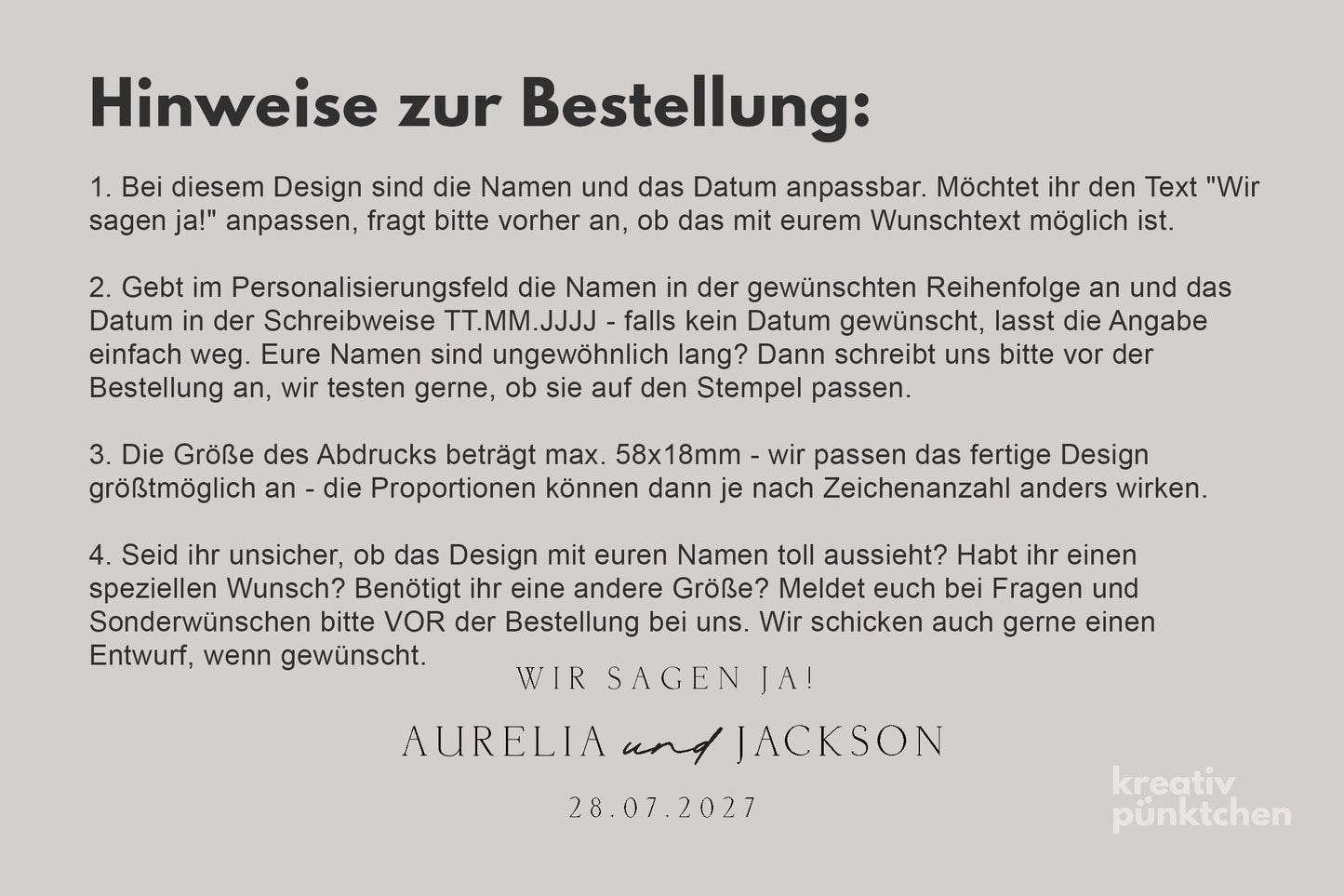 Hochzeitstempel Nr.7 Textstempel personalisiert individuell mit Namen Buchstaben Monogramm Einladung Verlobung Hochzeit Save the date HS155