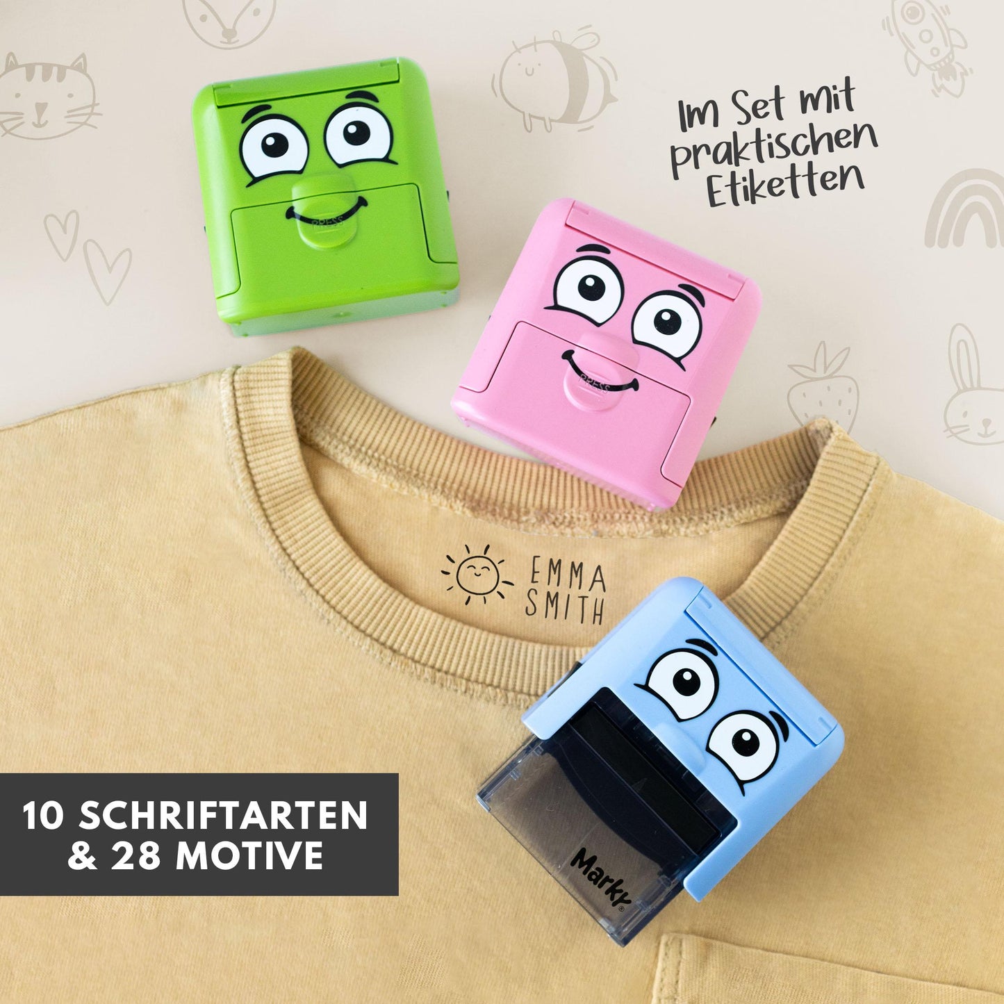 Personalisierter Textil-Namensstempel für Kinder mit Bügeletiketten, Kindergarten, Schule, wasserfest, Geschenk Schulanfang MyMarky  PR006