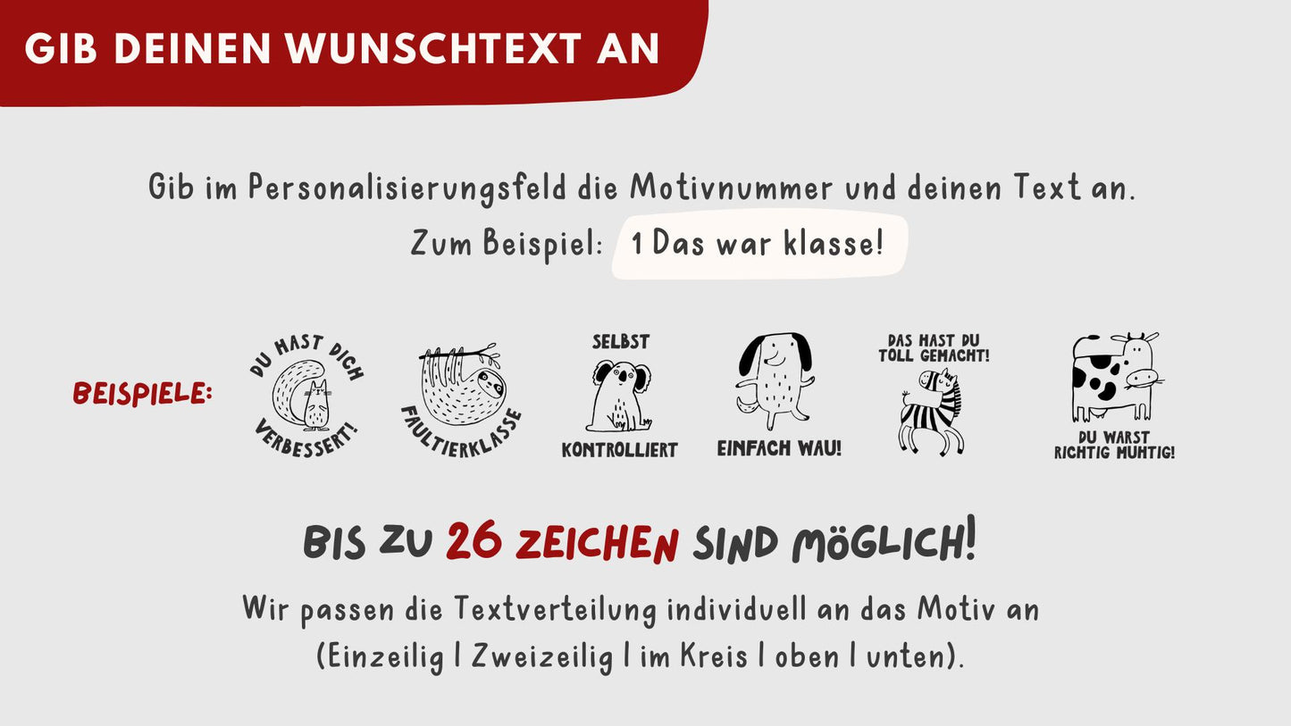 Personalisierter Lehrer Stempel mit Tiermotiv | 35 Motive Tiere | Klassentiere Wunschtext Bewertung Motivation Geschenk Grundschule HS195