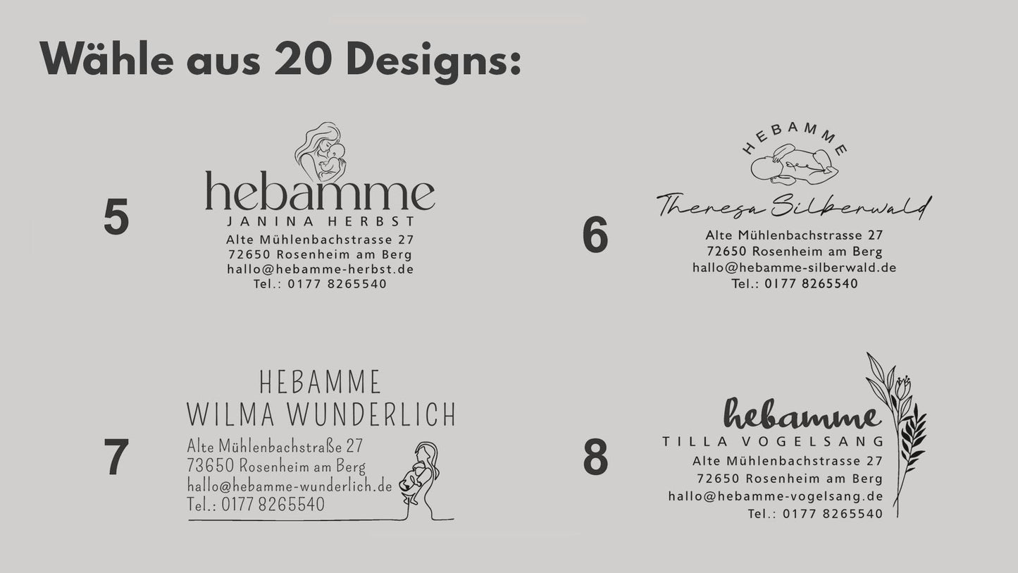 Hebammen Adressstempel personalisiert | 20 Designs | Praxisstempel für Hebammen | Individueller Holzstempel oder Selbstfärber  HS196