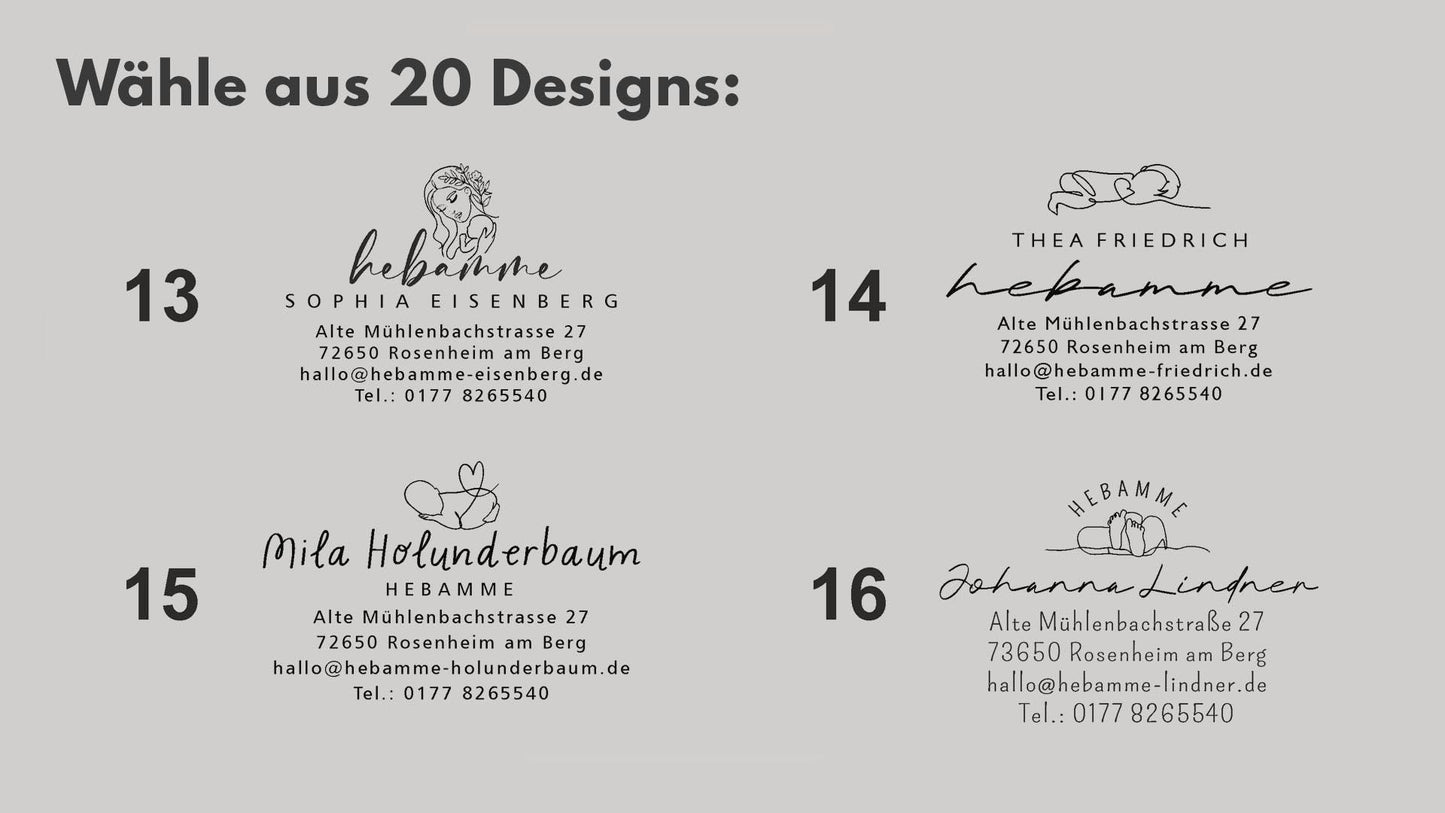 Hebammen Adressstempel personalisiert | 20 Designs | Praxisstempel für Hebammen | Individueller Holzstempel oder Selbstfärber  HS196
