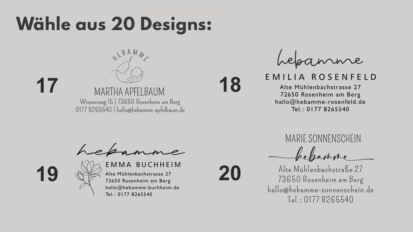 Hebammen Adressstempel personalisiert | 20 Designs | Praxisstempel für Hebammen | Individueller Holzstempel oder Selbstfärber  HS196