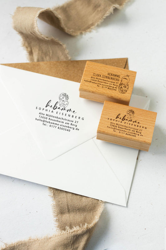 Hebammen Adressstempel personalisiert | 20 Designs | Praxisstempel für Hebammen | Individueller Holzstempel oder Selbstfärber  HS196
