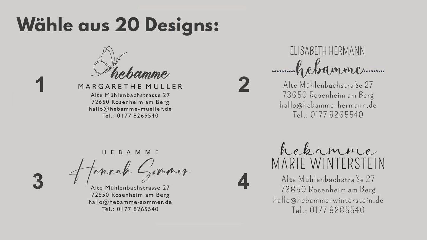 Hebammen Adressstempel personalisiert | 20 Designs | Praxisstempel für Hebammen | Individueller Holzstempel oder Selbstfärber  HS196