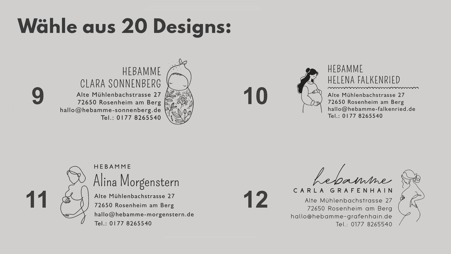 Hebammen Adressstempel personalisiert | 20 Designs | Praxisstempel für Hebammen | Individueller Holzstempel oder Selbstfärber  HS196