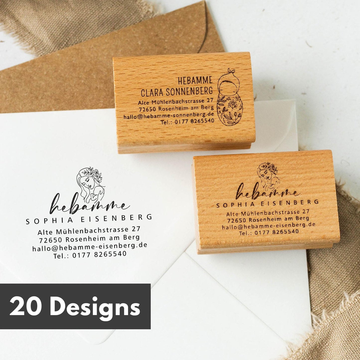 Hebammen Adressstempel personalisiert | 20 Designs | Praxisstempel für Hebammen | Individueller Holzstempel oder Selbstfärber  HS196