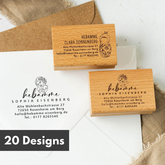 Hebammen Adressstempel personalisiert | 20 Designs | Praxisstempel für Hebammen | Individueller Holzstempel oder Selbstfärber  HS196