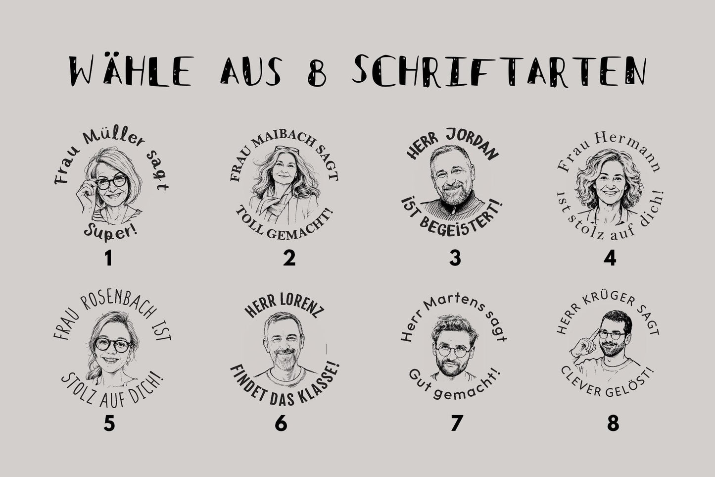 Personalisierter Lehrerstempel mit Gesicht – Individueller Fotostempel | Holzstempel oder Selbstfärber | Eigenes Motiv & Wunschtext HS198
