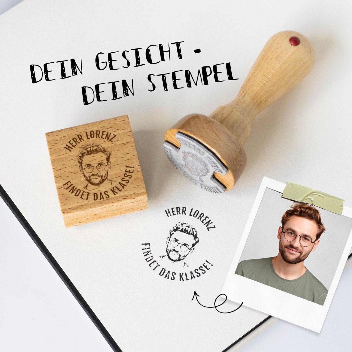 Personalisierter Lehrerstempel mit Gesicht – Individueller Fotostempel | Holzstempel oder Selbstfärber | Eigenes Motiv & Wunschtext HS198
