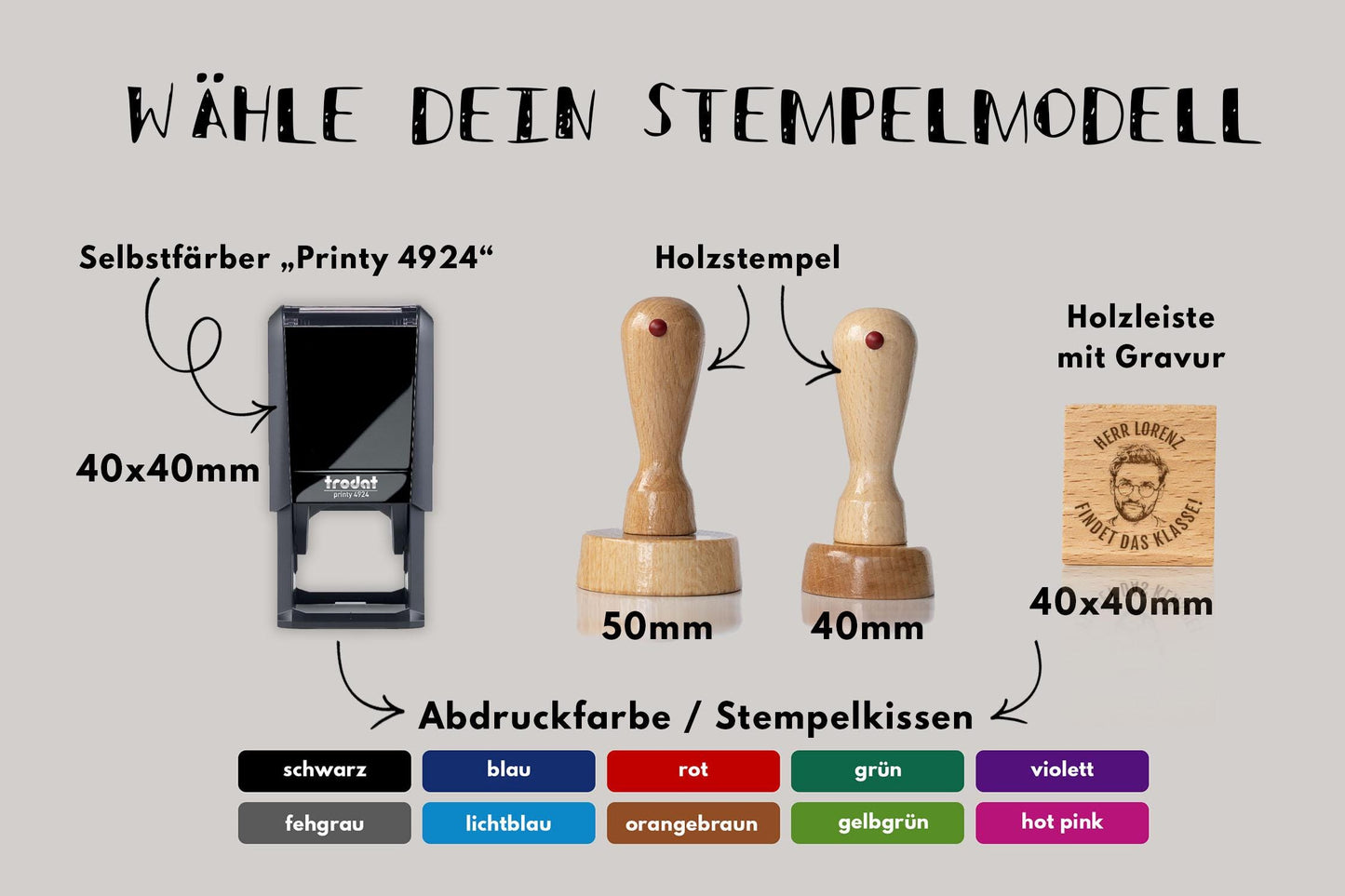 Personalisierter Lehrerstempel mit Gesicht – Individueller Fotostempel | Holzstempel oder Selbstfärber | Eigenes Motiv & Wunschtext HS198