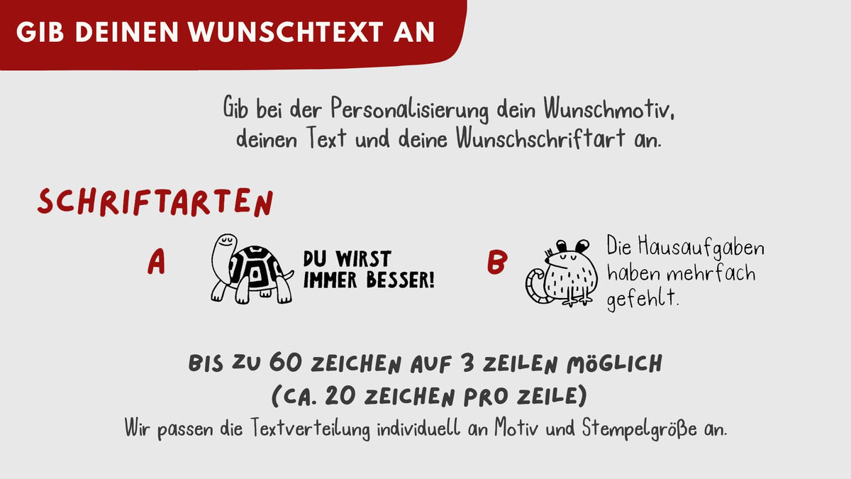 Wunschtext und Schriftarten A und B – bis zu 60 Zeichen auf 3 Zeilen