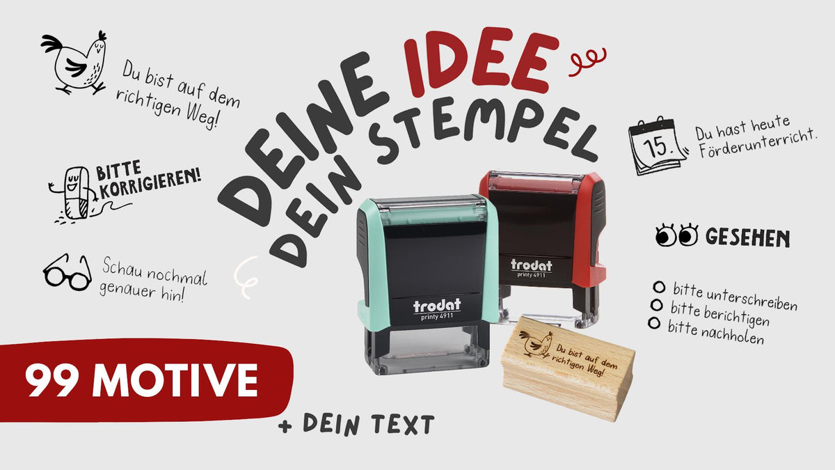Personalisierter Lehrerstempel – Printy 4911 und Holzstempel mit Motivbeispielen