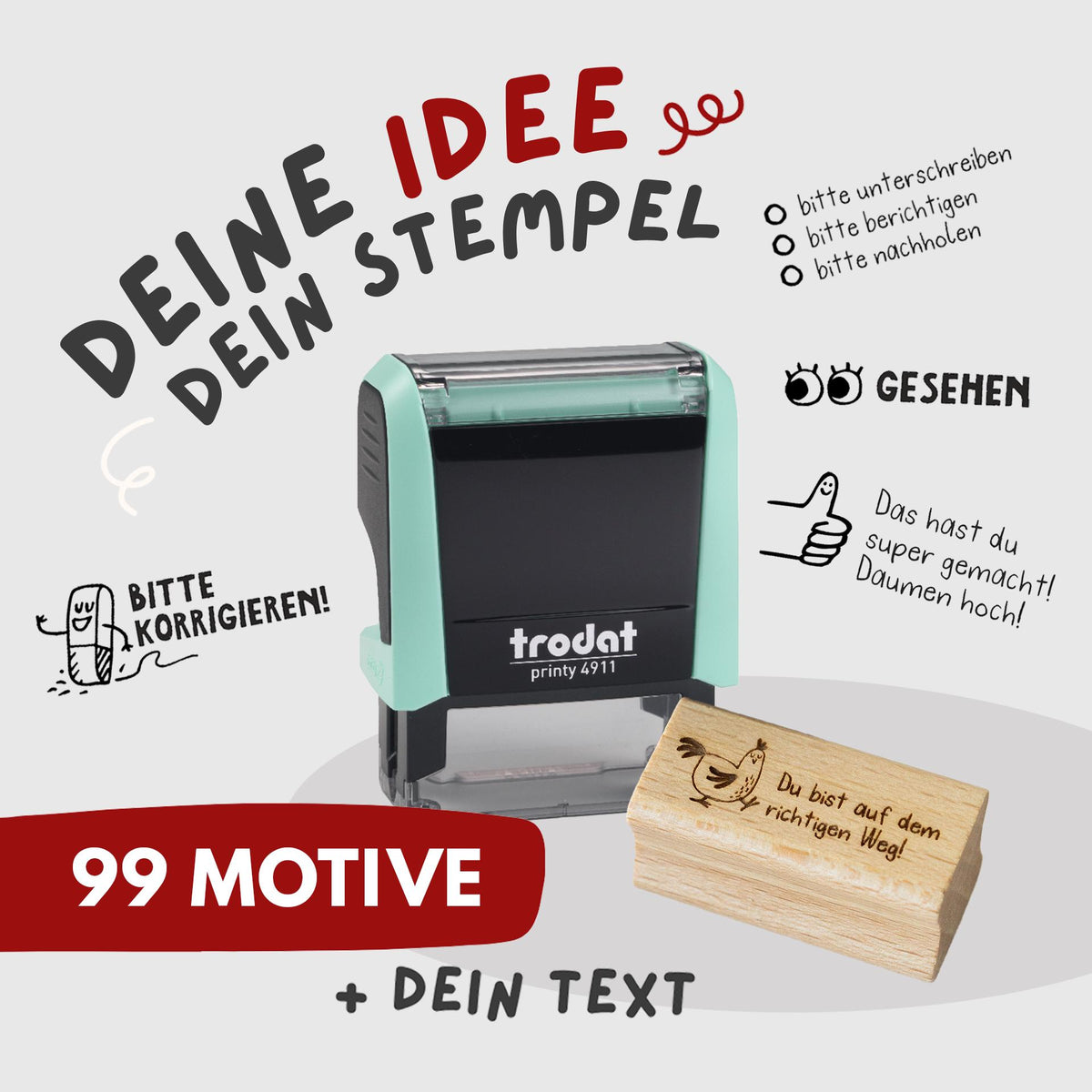 Personalisierter Lehrerstempel mit Motiv und Wunschtext – Printy 4911 und Holzstempel, 99 Motive