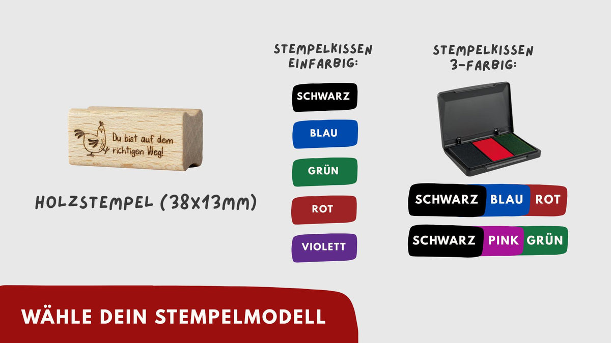 Holzstempel 38x13 mm mit Lasergravur – Stempelkissen einfarbig oder dreifarbig